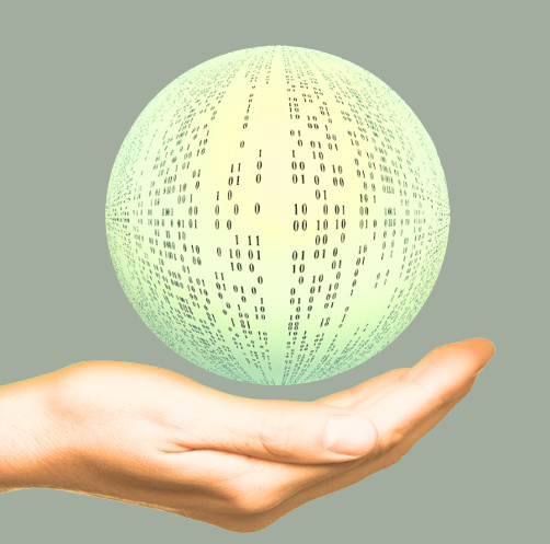 Een hand die een wereldbol met binaire code vasthoudt